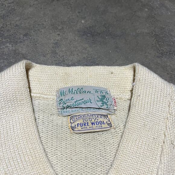 Vintage 60s Yell Cutters Cream Wool Varsity V-Neck Sweater - Picture 6 of 6